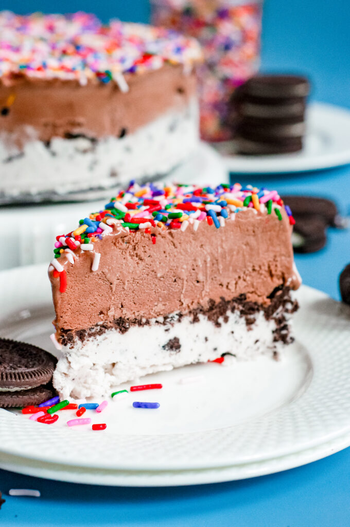 Slice of Ice Cream cake with and Oreo crust bottom covered in rainbow sprinkles.