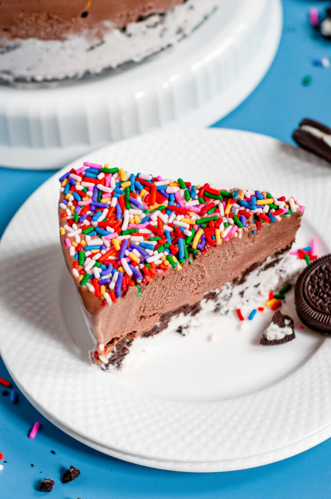 Slice of Ice Cream cake with and Oreo crust bottom covered in rainbow sprinkles.