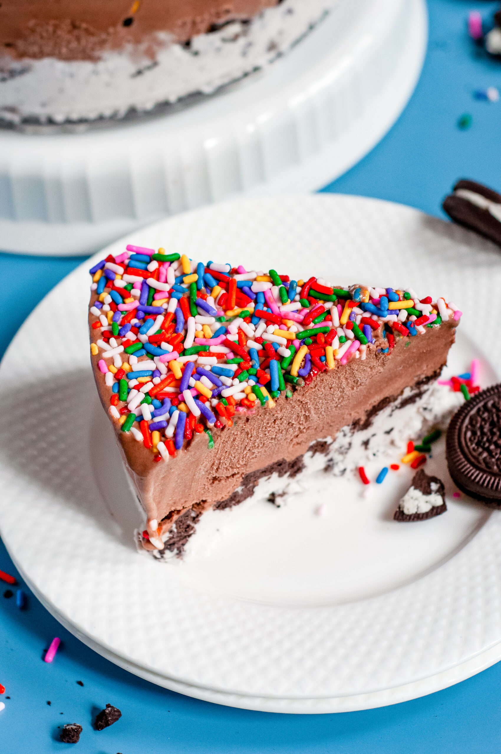 Slice of Ice Cream cake with and Oreo crust bottom covered in rainbow sprinkles.