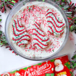 Layered Christmas Tree Cake Trifle with strawberries and cream cheese