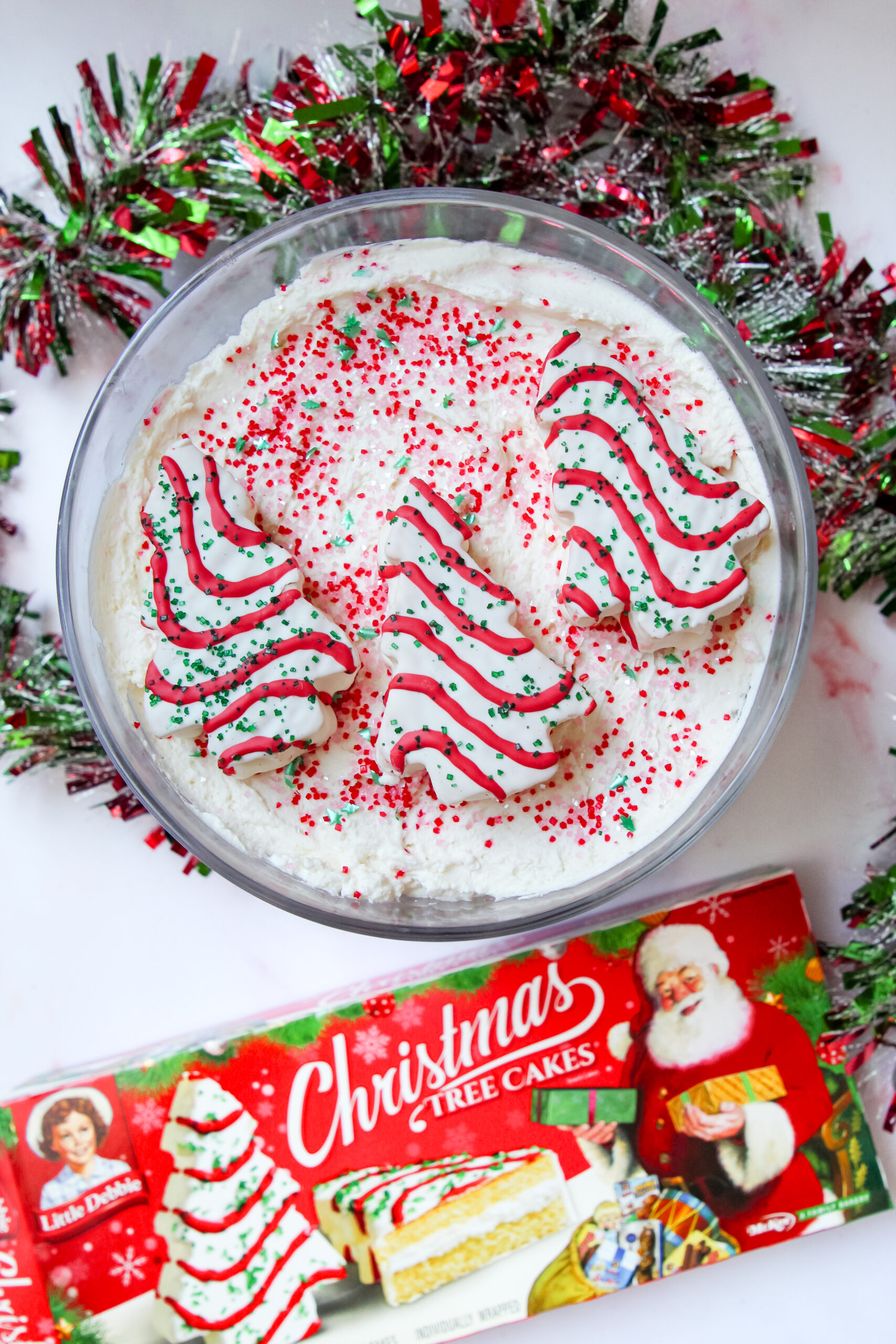 Layered Christmas Tree Cake Trifle with strawberries and cream cheese