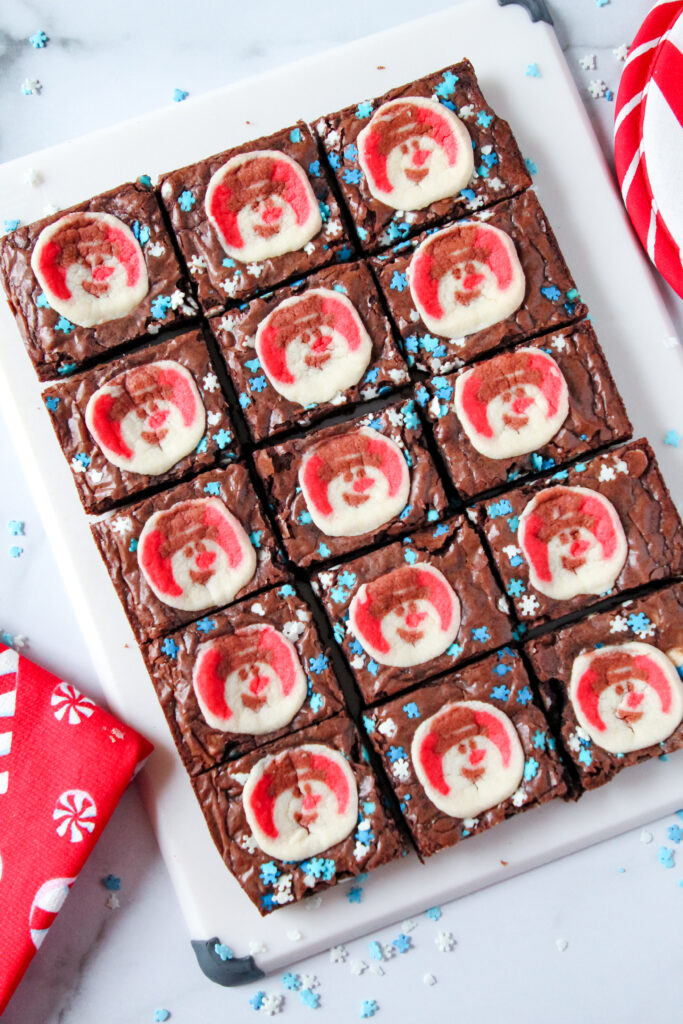 Snowman Brookies with hot cocoa marshmallow chips and snowflake sprinkles