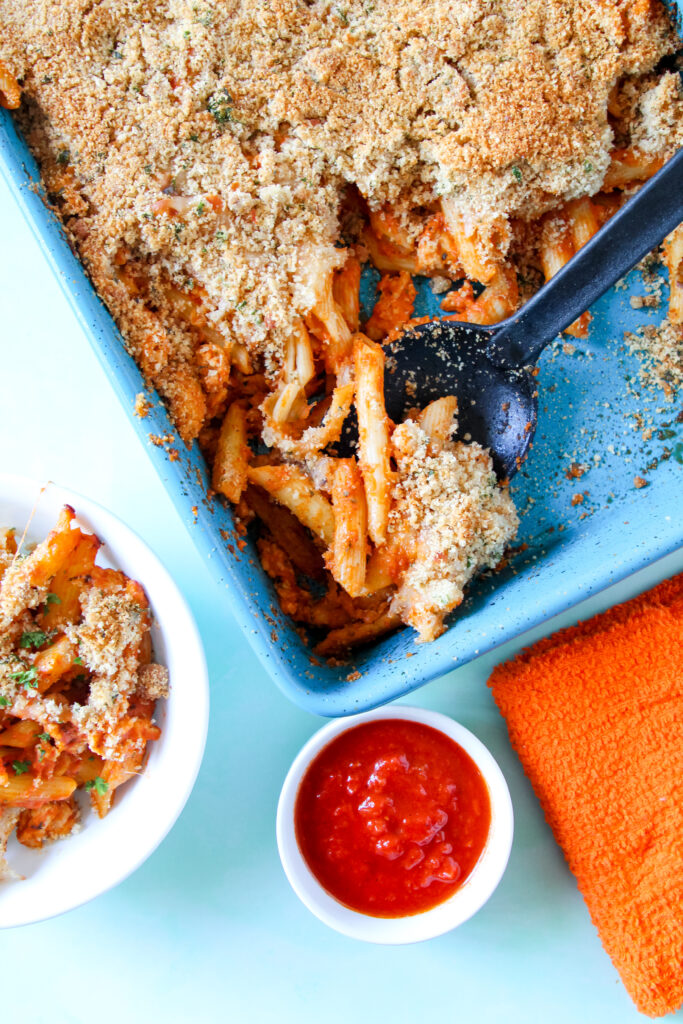 Cheesy pasta bake fresh out of the oven with a golden crust