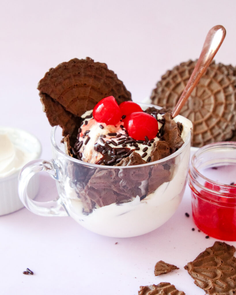 Pizelle ice cream sundae topped with chocolate sauce and sprinkles.