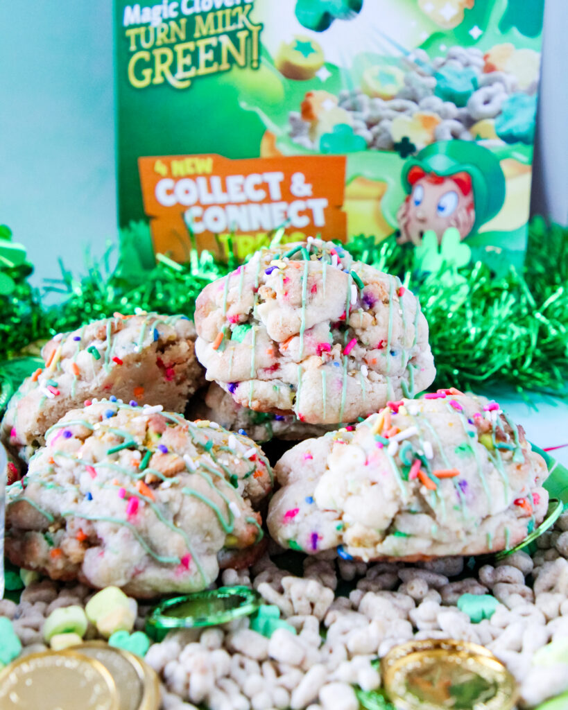 Jumbo bakery-style cookie with white chocolate chips, Lucky Charms cereal, and festive sprinkles.