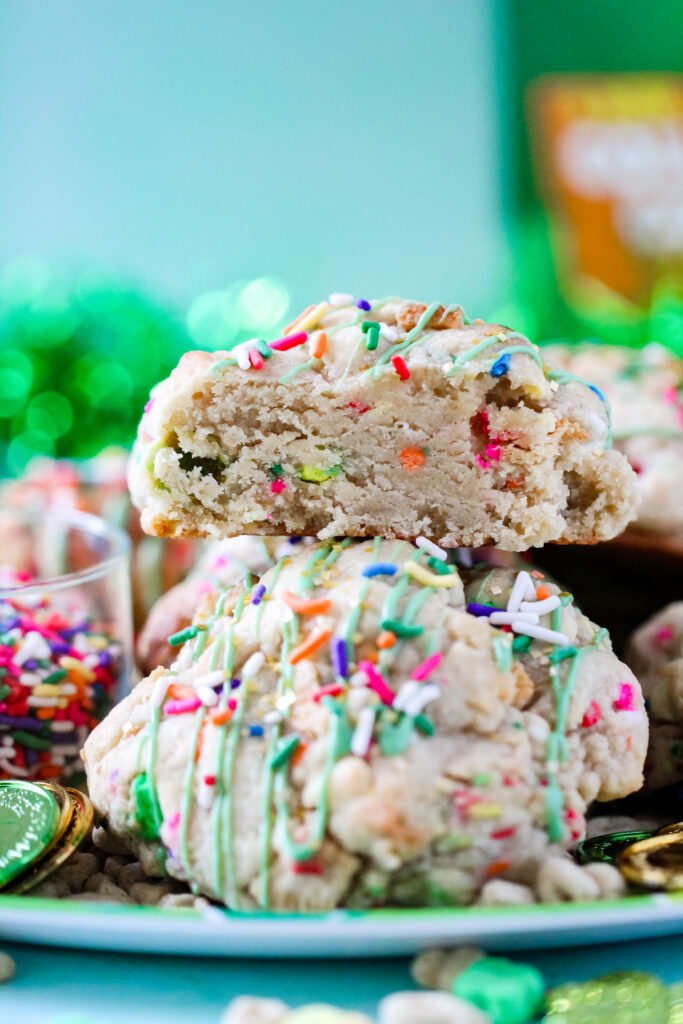 Jumbo bakery-style cookie with white chocolate chips, Lucky Charms cereal, and festive sprinkles.