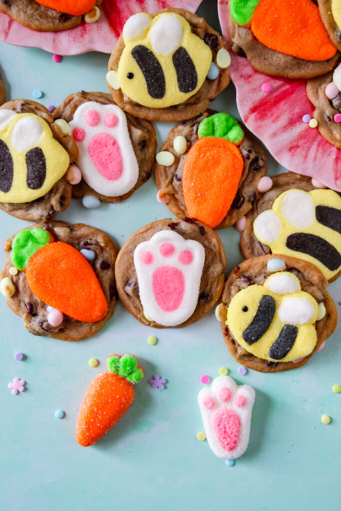 Soft, golden brown cookies with vibrant spring marshmallows gently melted in the center.