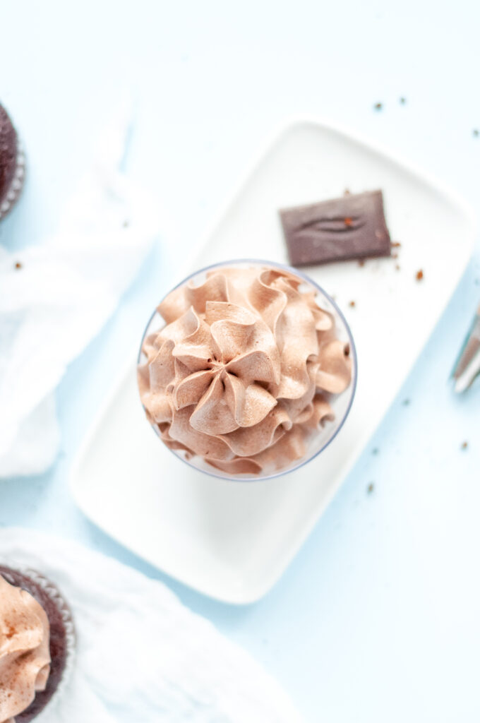 Close-up of chocolate espresso buttercream frosting swirled on a cupcake with a glossy, smooth finish.