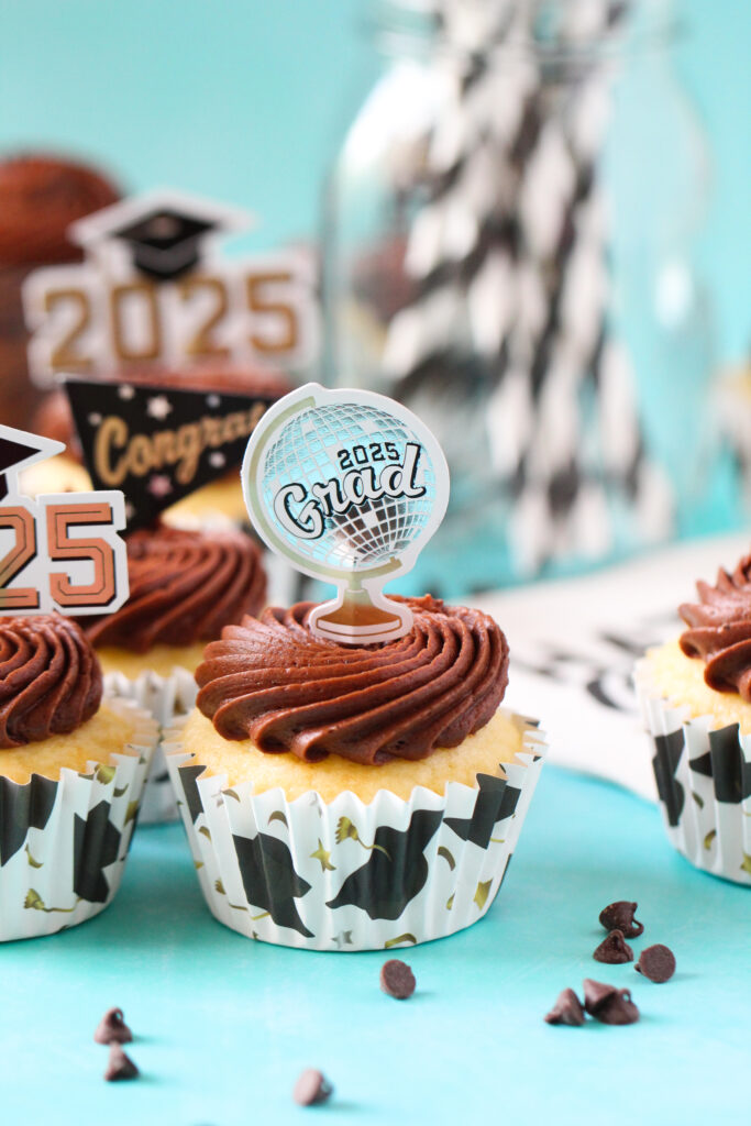 Chocolate almond cupcakes topped with swirled Nutella frosting and mini chocolate chips, perfect for graduation celebrations.