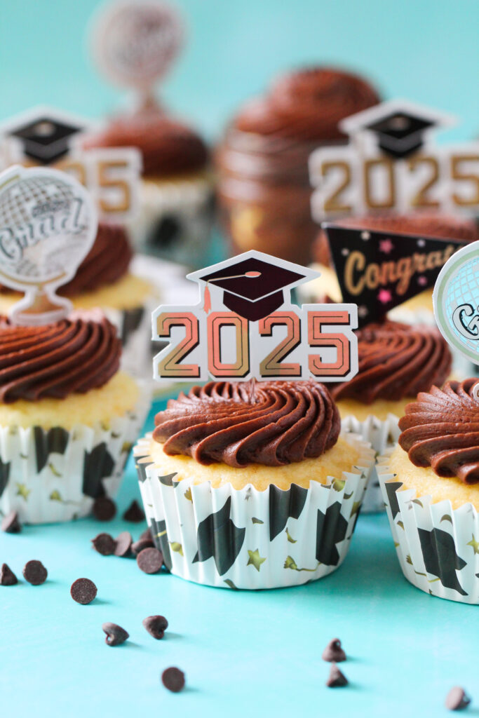 Chocolate almond cupcakes topped with swirled Nutella frosting and mini chocolate chips, perfect for graduation celebrations.