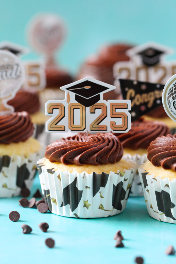 Chocolate almond cupcakes topped with swirled Nutella frosting and mini chocolate chips, perfect for graduation celebrations.