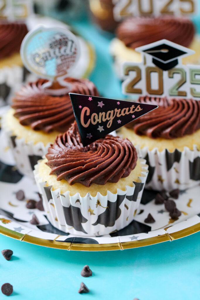 Chocolate almond cupcakes topped with swirled Nutella frosting and mini chocolate chips, perfect for graduation celebrations.