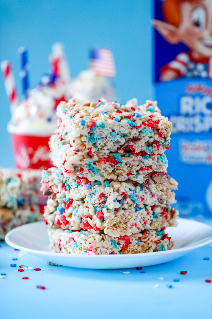 Patriotic S'mores Rice Krispies Treats made with Red and Blue Rice Krispies.
