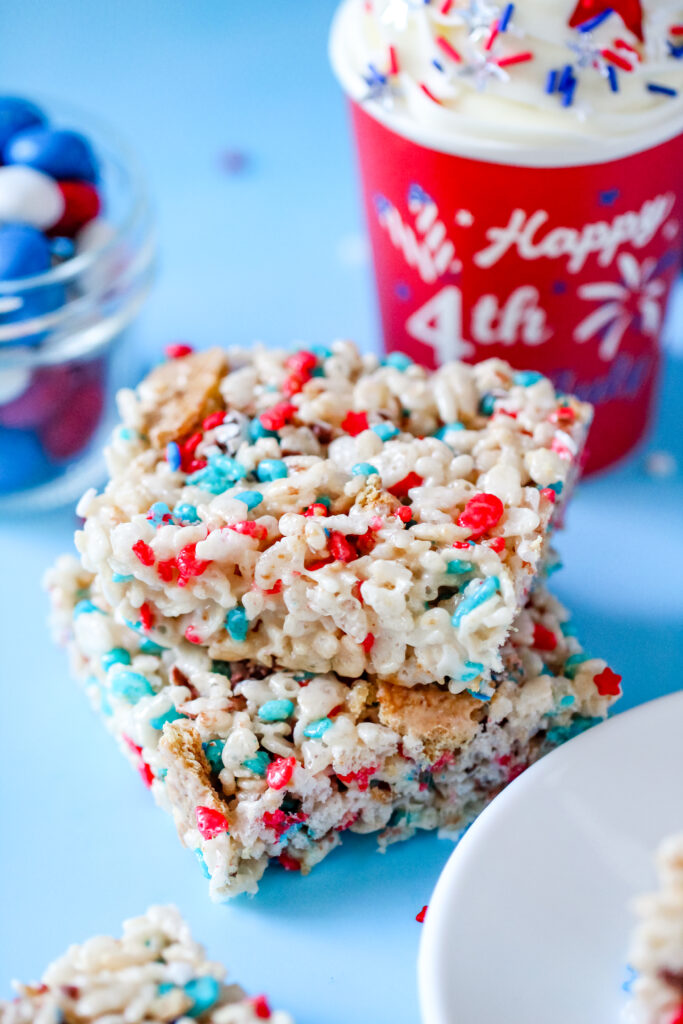 Patriotic S'mores Rice Krispies Treats made with Red and Blue Rice Krispies.