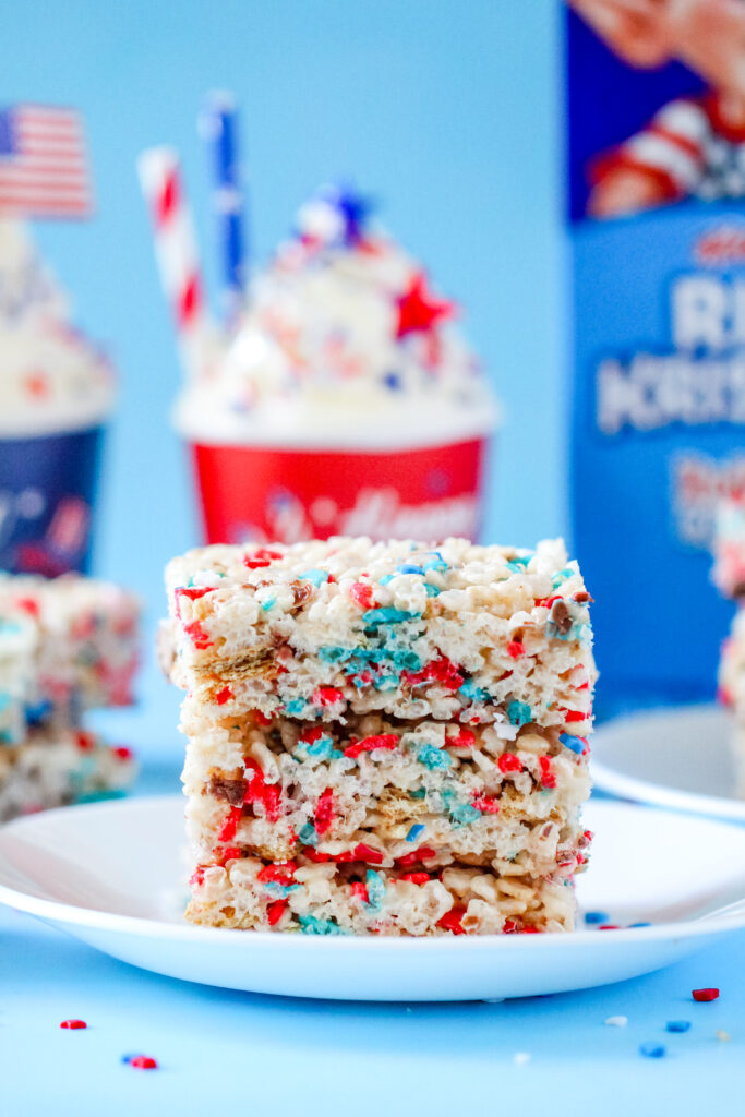 Patriotic S'mores Rice Krispies Treats made with Red and Blue Rice Krispies.