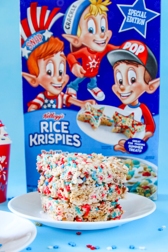 Patriotic S'mores Rice Krispies Treats made with Red and Blue Rice Krispies.