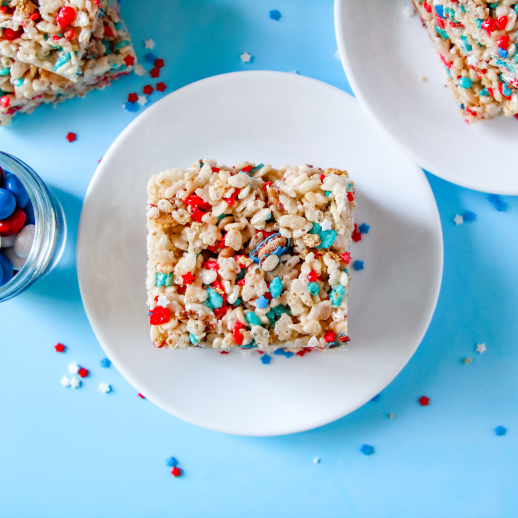 Patriotic S'mores Rice Krispies Treats made with Red and Blue Rice Krispies.