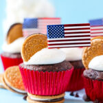 Sam the Eagle's Star Spangled S'mores Cupcakes, chocolate cupcakes decorated for Fourth of July.