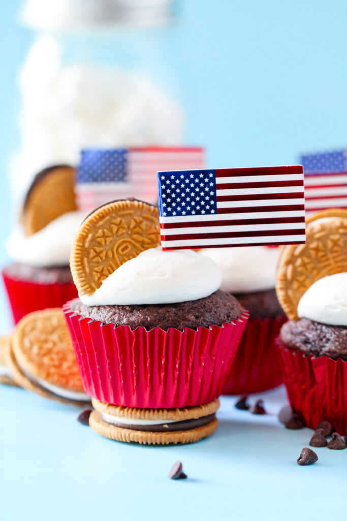 Sam the Eagle's Star Spangled S'mores Cupcakes, chocolate cupcakes decorated for Fourth of July.