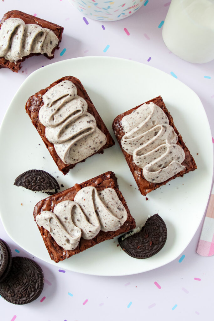 An overhead image of Toblerone Crunch Brownie Bars with Whipped Oreo Frosting.