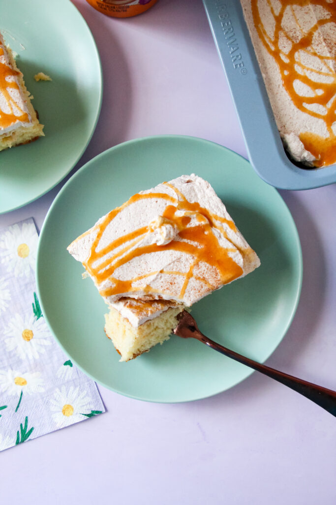 A slice of Churro Cream Poke Cake.