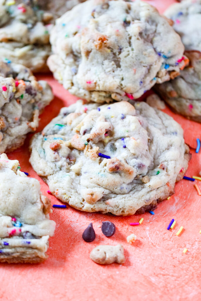 Goofy Movie inspired jumbo cookies with sprinkles and chocolate chips.