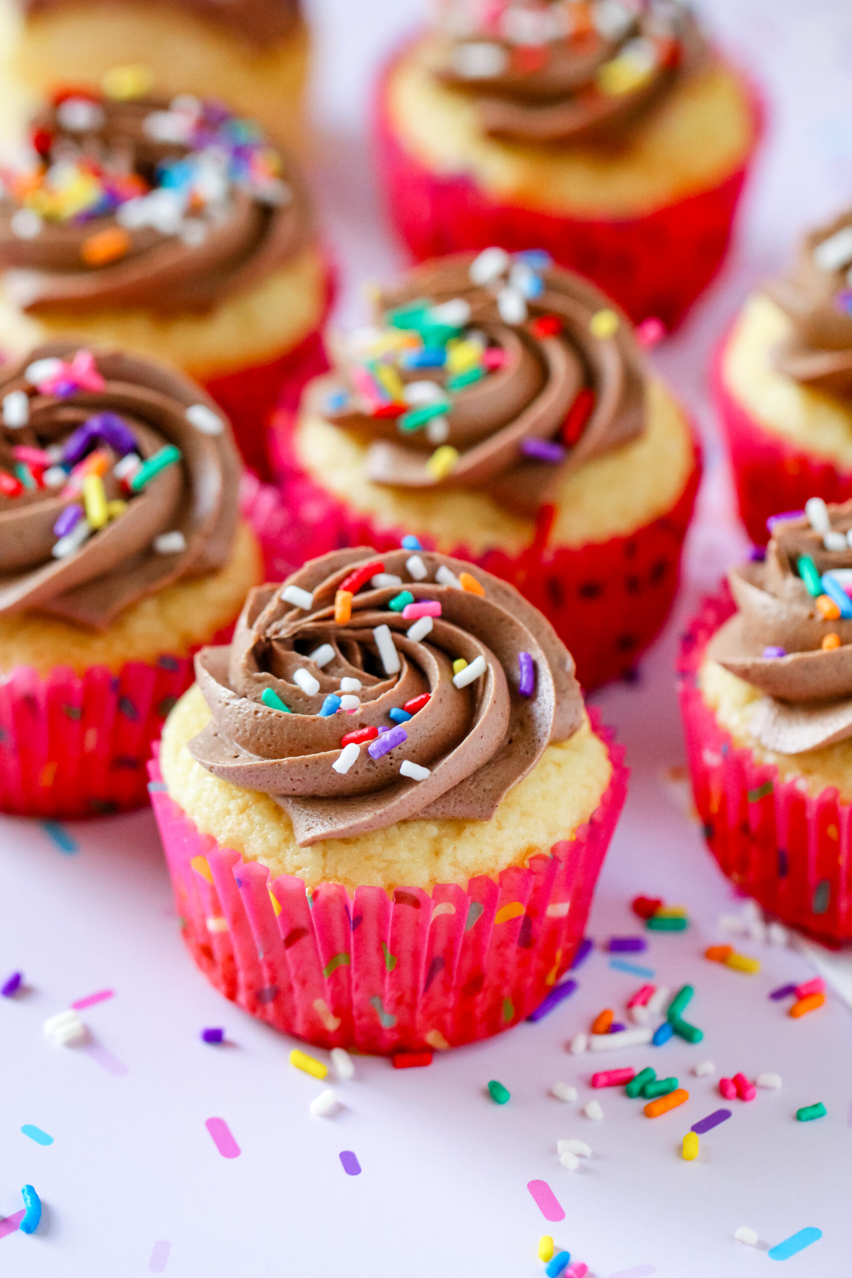 Whipped Chocolate Donut-Inspired Cupcakes with sprinkles on top.