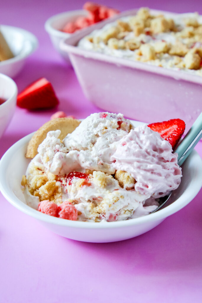 A bowl of Strawberry Shortcake No-Churn Ice Cream.