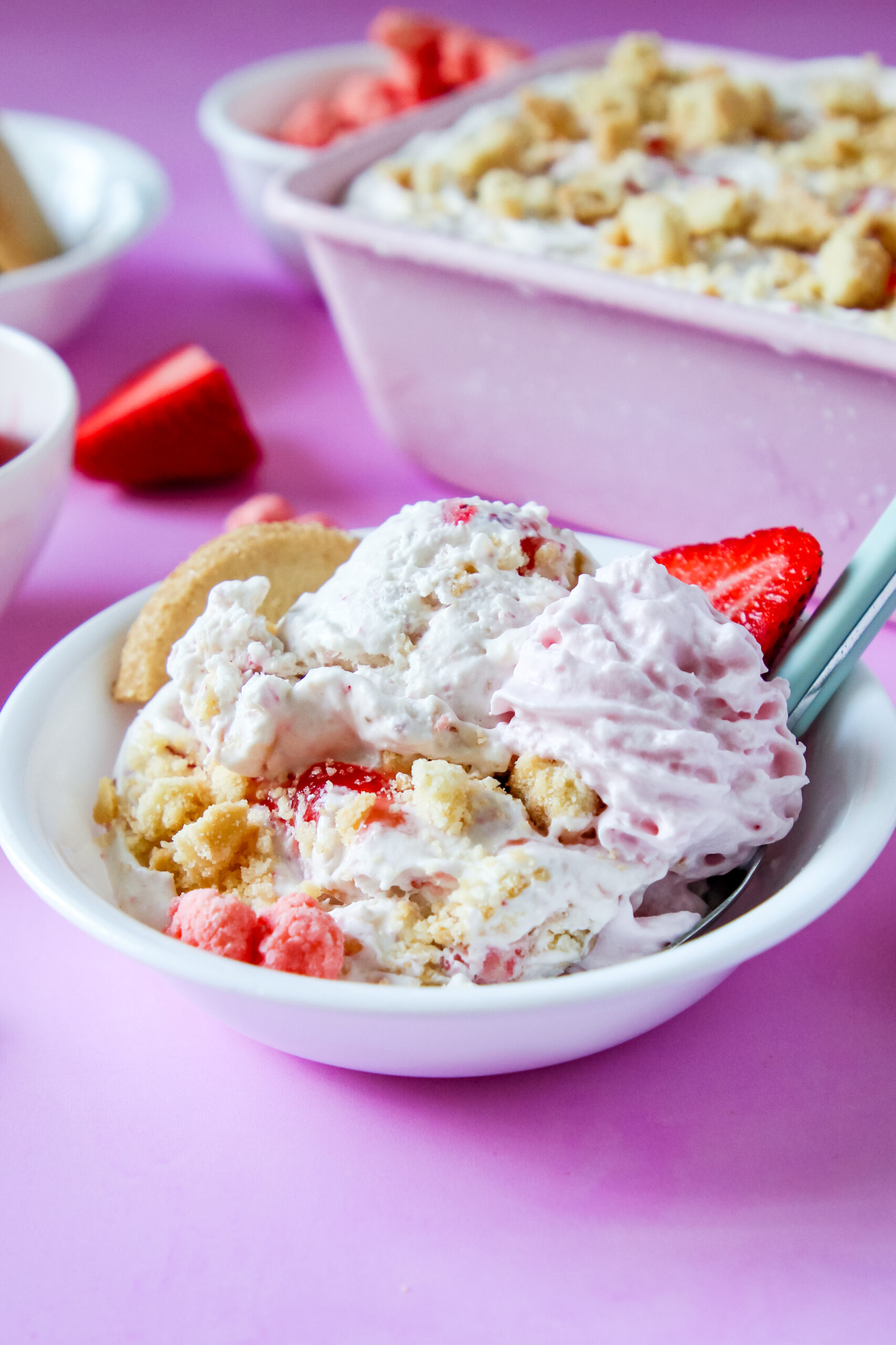 A bowl of Strawberry Shortcake No-Churn Ice Cream.