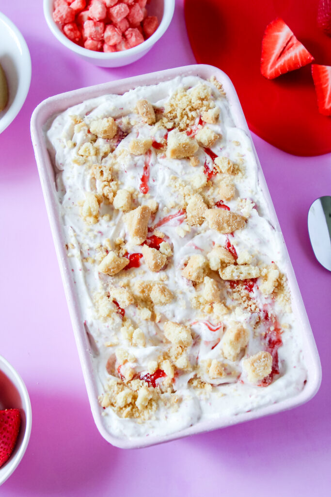 A pan of Strawberry Shortcake No-Churn Ice Cream.