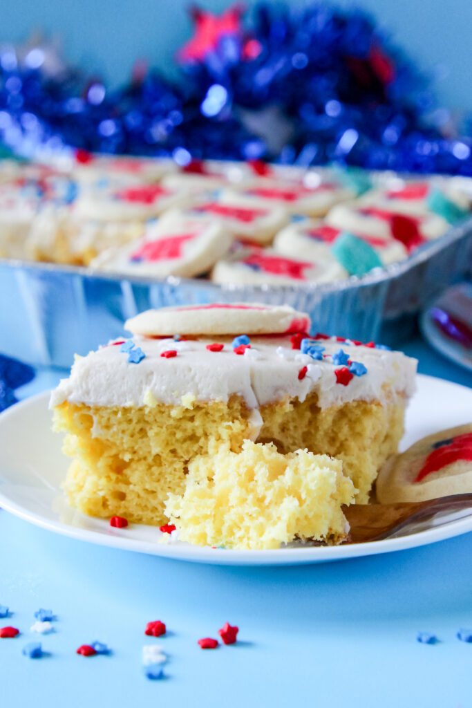 A picture of a slice of Lemon Cookie Patriotic Party Cake.