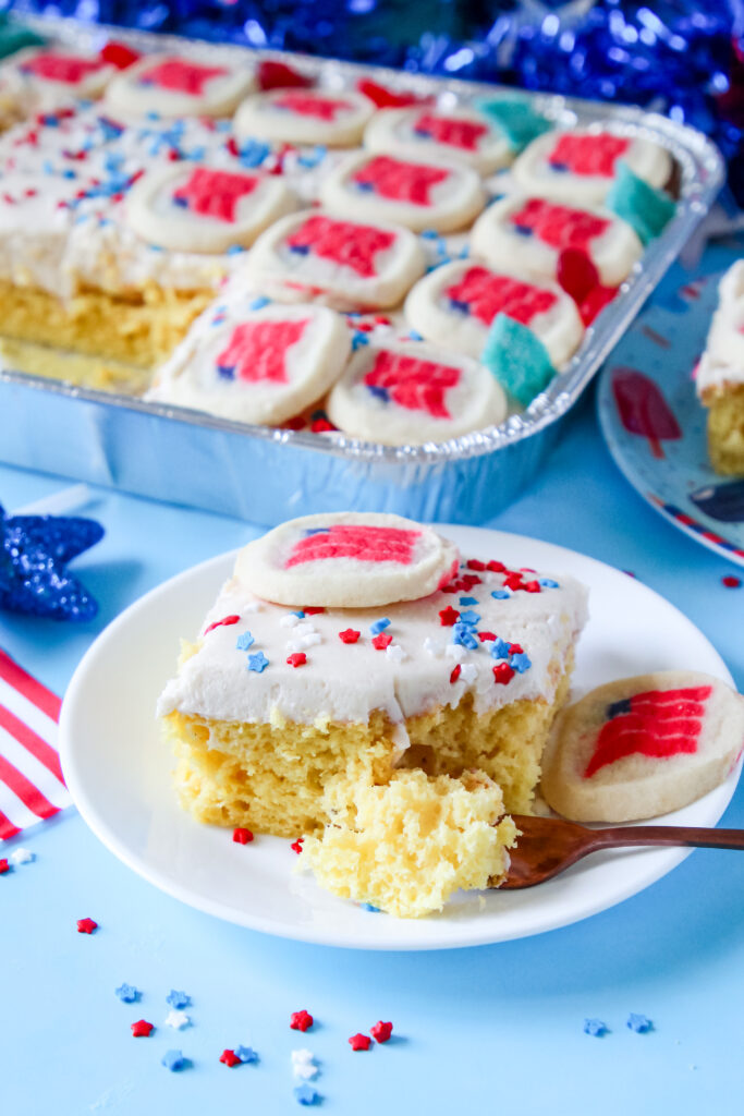 A picture of a slice of Lemon Cookie Patriotic Party Cake.