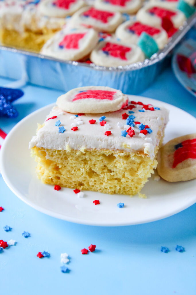 A picture of a slice of Lemon Cookie Patriotic Party Cake.