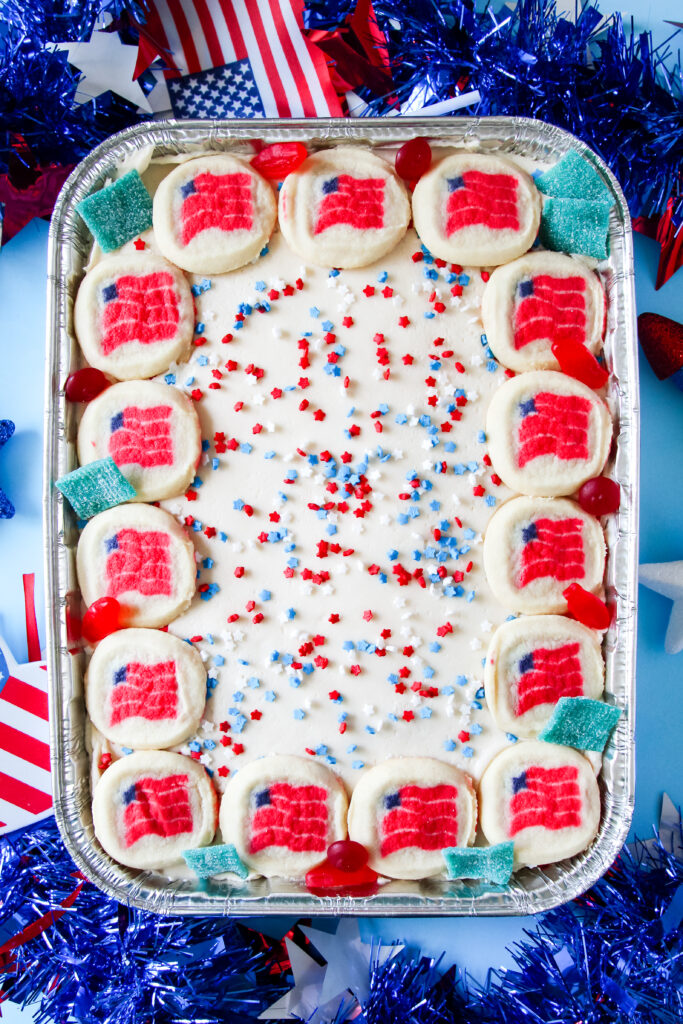 A picture of a sheet of Lemon Cookie Patriotic Party Cake.