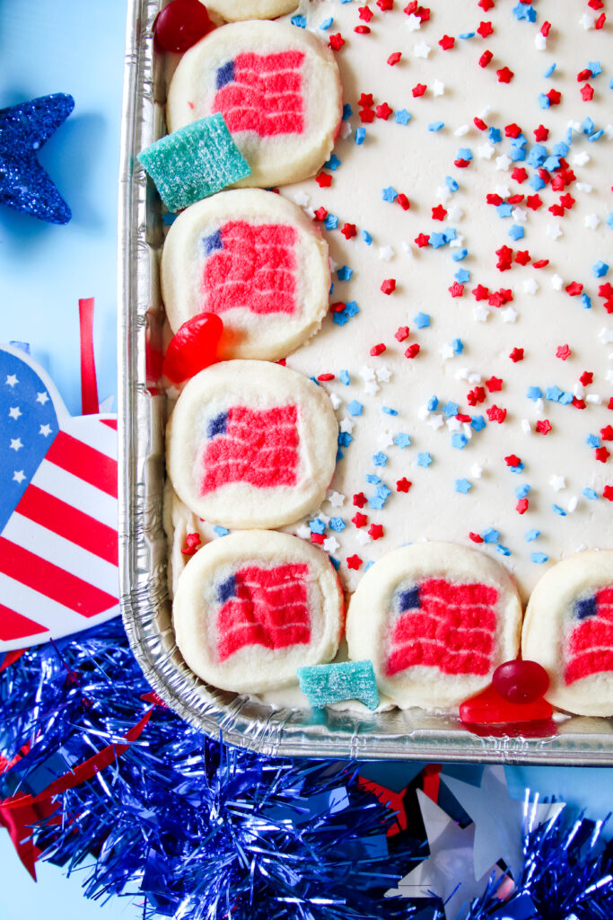 A picture of a sheet of Lemon Cookie Patriotic Party Cake.