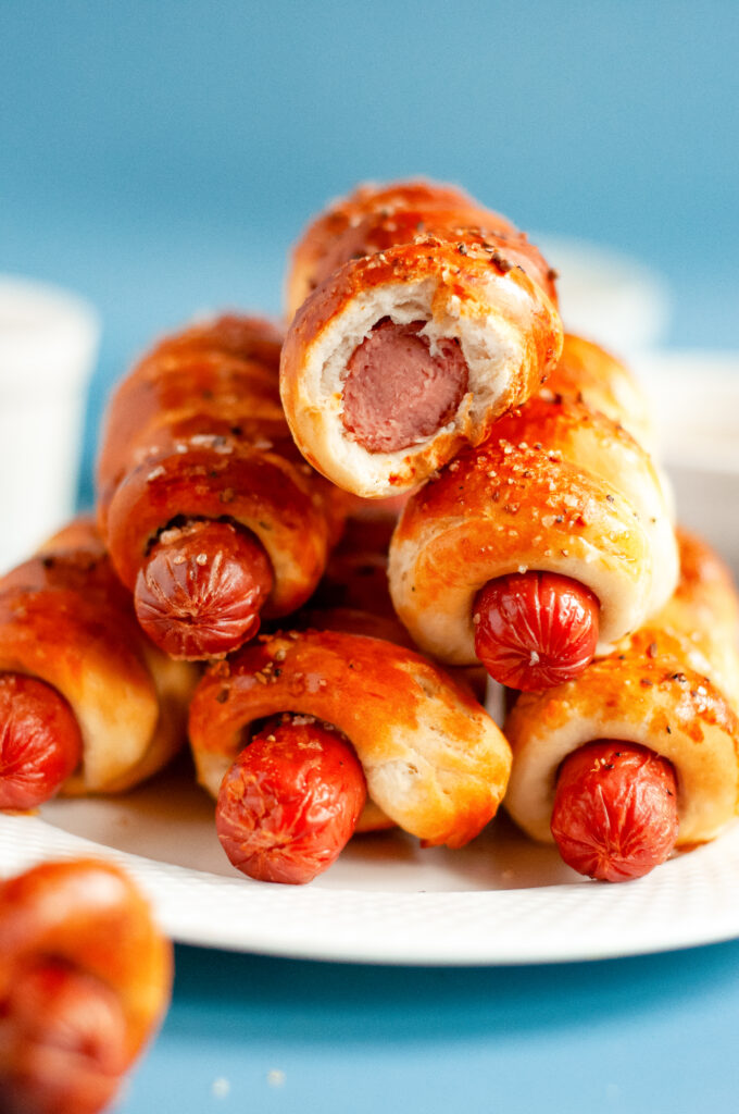 Twisted Air Fryer Hot Dogs — spiral-cut hot dogs wrapped in flaky Pillsbury Grand biscuits and air-fried until golden and crisp.